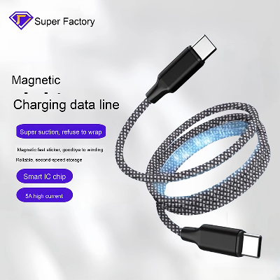 Magnetic Magic Rope Data Cable PD60W Fast Charging Right-Angle Connectors 180 Degree Compatibility f